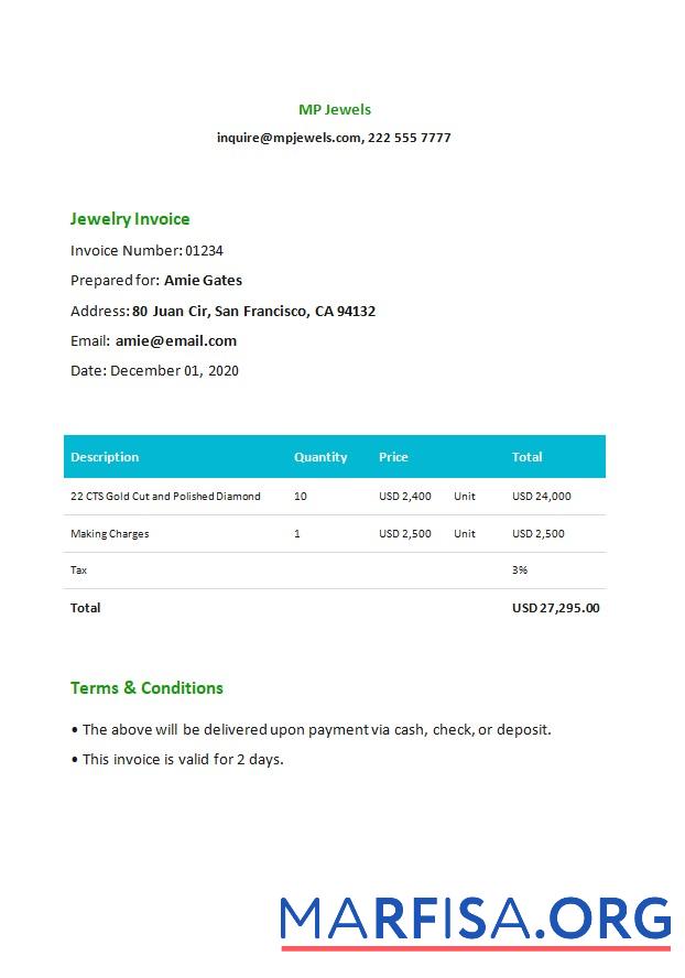 Printable Jewelry Invoice Template